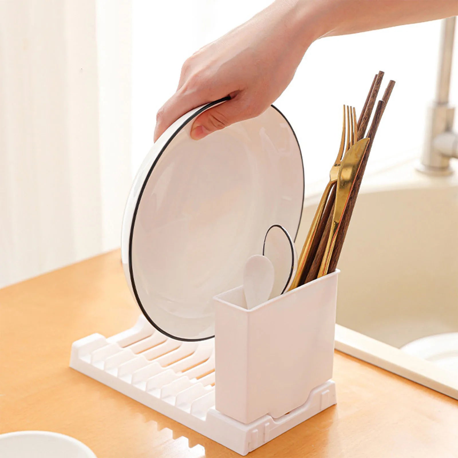 Foldable Dish Drying Rack — Compact Counter Drainer with Utensil Holder