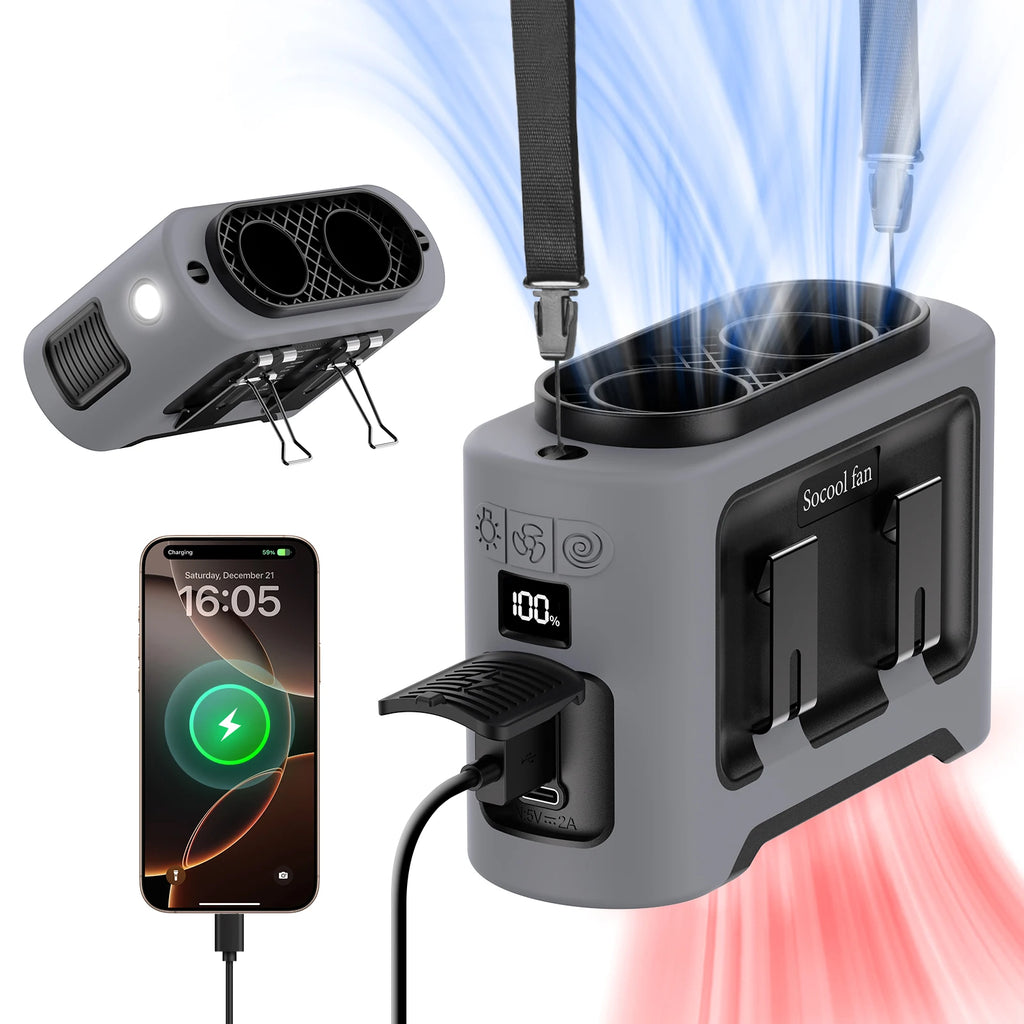 Portable Waist Clip Fan — 14500mAh, 5-in-1, Dual Turbo Motors & Power Bank