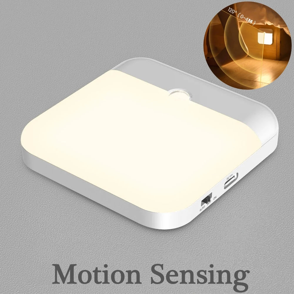 Motion Sensor LED Night Light – USB Rechargeable Square Lamp