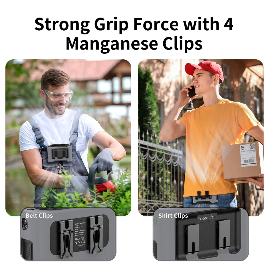 Portable Waist Clip Fan — 14500mAh, 5-in-1, Dual Turbo Motors & Power Bank