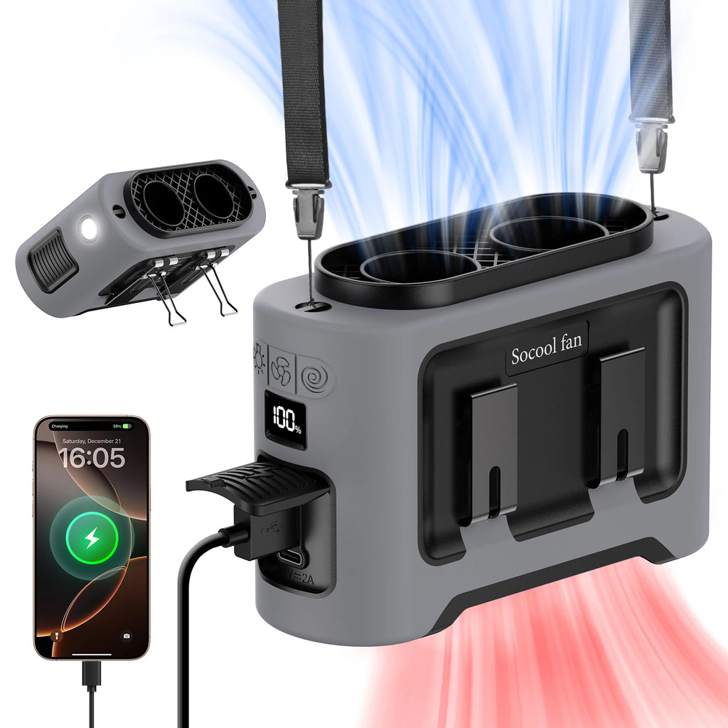 Portable Waist Clip Fan — 14500mAh, 5-in-1, Dual Turbo Motors & Power Bank