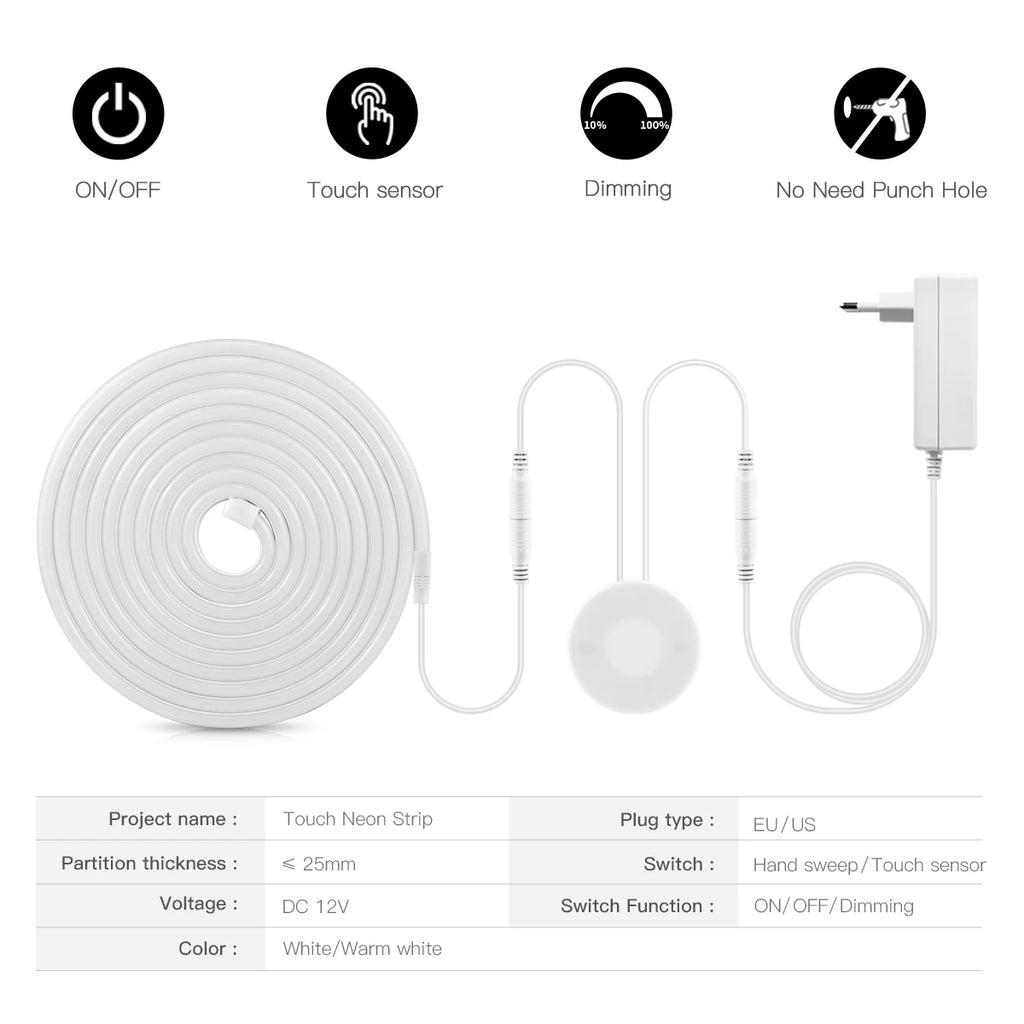 LED Neon Strip Light with Hand Scan & Touch Dimmer Switch – Waterproof Cabinet Backlight