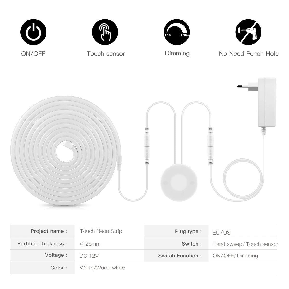 LED Neon Strip Light with Hand Scan & Touch Dimmer Switch – Waterproof Cabinet Backlight