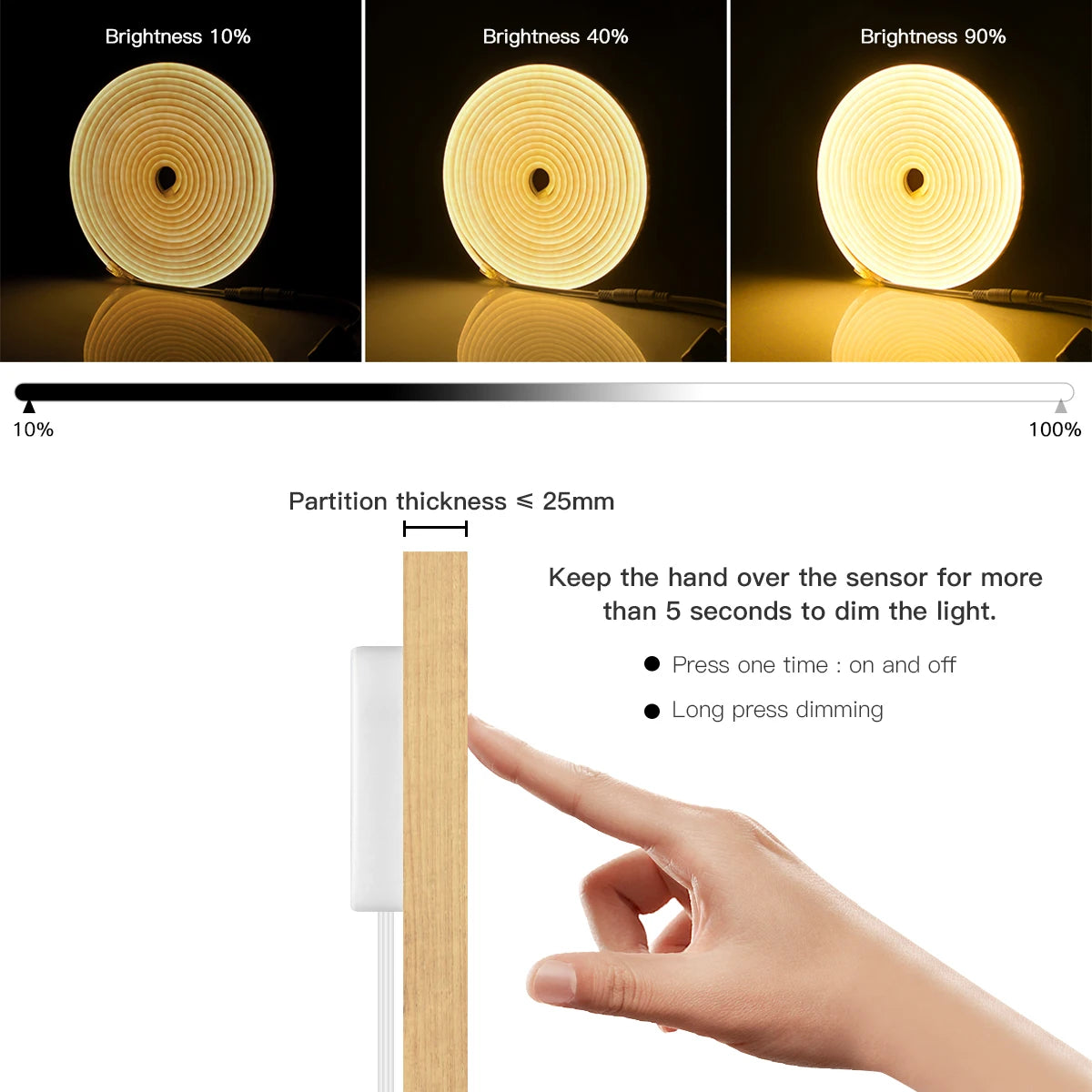 LED Neon Strip Light with Hand Scan & Touch Dimmer Switch – Waterproof Cabinet Backlight